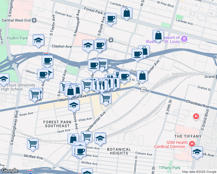 map of restaurants, bars, coffee shops, grocery stores, and more near 4145 Manchester Avenue in St. Louis