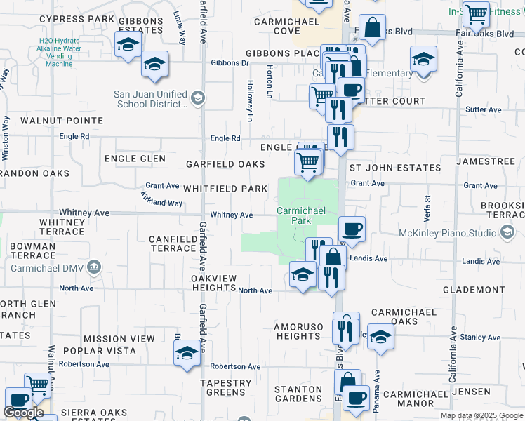map of restaurants, bars, coffee shops, grocery stores, and more near 5624 Whitney Avenue in Carmichael
