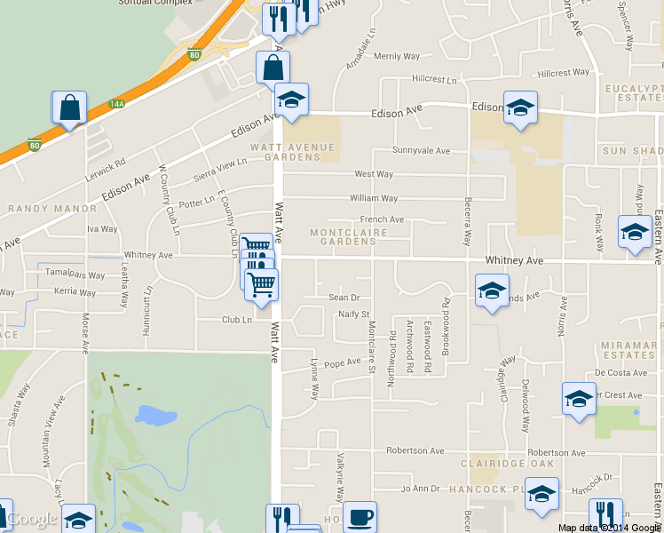 map of restaurants, bars, coffee shops, grocery stores, and more near 3411 Coleen Court in Sacramento