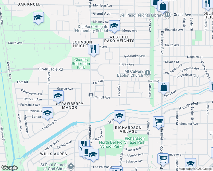 map of restaurants, bars, coffee shops, grocery stores, and more near 3343 Paseo Nuevo Street in Sacramento