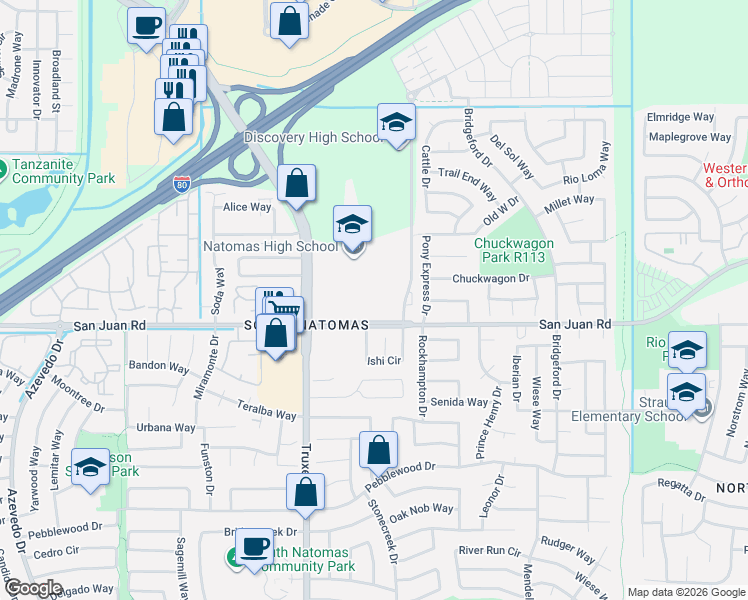 map of restaurants, bars, coffee shops, grocery stores, and more near 1 Ishi Circle in Sacramento