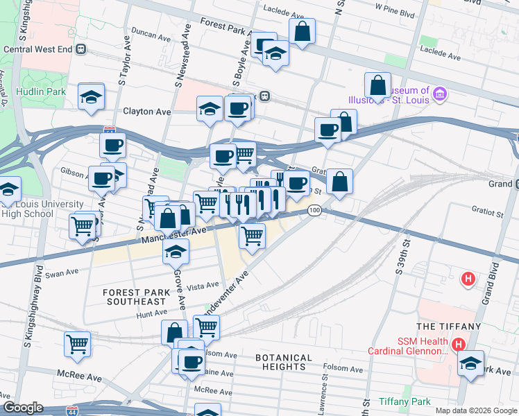 map of restaurants, bars, coffee shops, grocery stores, and more near 4145 Manchester Avenue in St. Louis