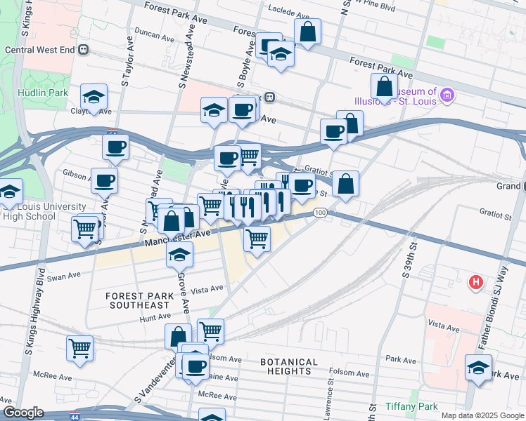 map of restaurants, bars, coffee shops, grocery stores, and more near 4145 Manchester Avenue in St. Louis