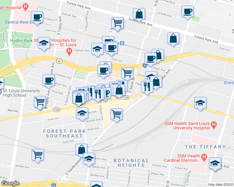 map of restaurants, bars, coffee shops, grocery stores, and more near 4145 Manchester Avenue in St. Louis