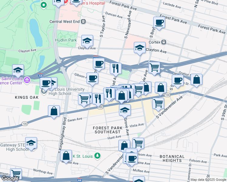 map of restaurants, bars, coffee shops, grocery stores, and more near 4335 Arco Avenue in St. Louis