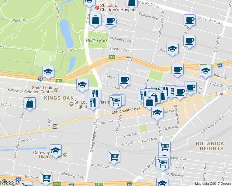 map of restaurants, bars, coffee shops, grocery stores, and more near 4530a Oakland Avenue in St. Louis