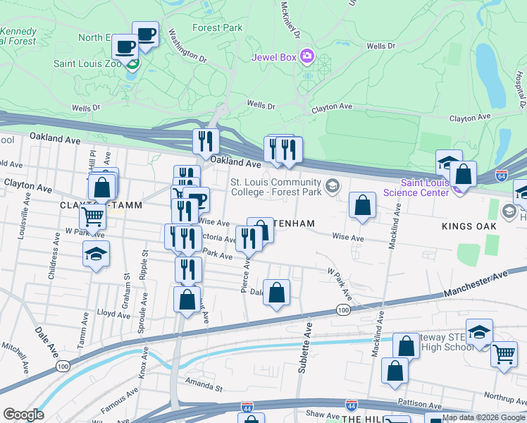 map of restaurants, bars, coffee shops, grocery stores, and more near 5700 Highlands Plaza Drive in St. Louis