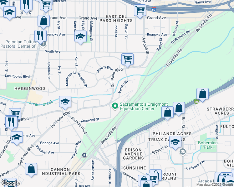 map of restaurants, bars, coffee shops, grocery stores, and more near 3404 Del Paso Boulevard in Sacramento