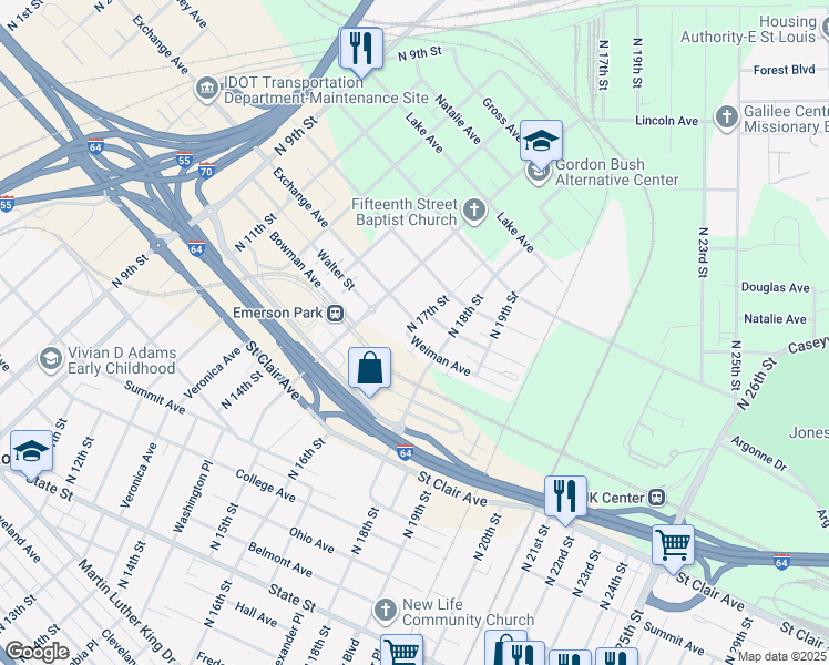 map of restaurants, bars, coffee shops, grocery stores, and more near 1701 Weiman Avenue in East St. Louis