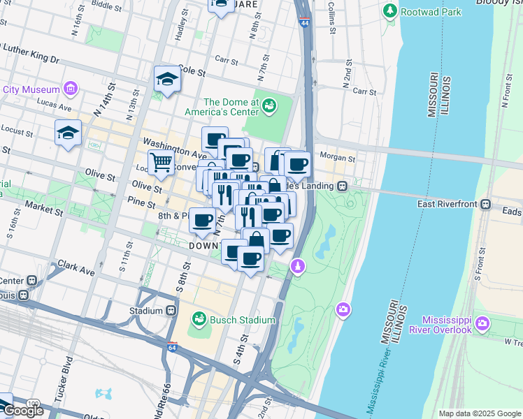 map of restaurants, bars, coffee shops, grocery stores, and more near 511 Olive Street in St. Louis