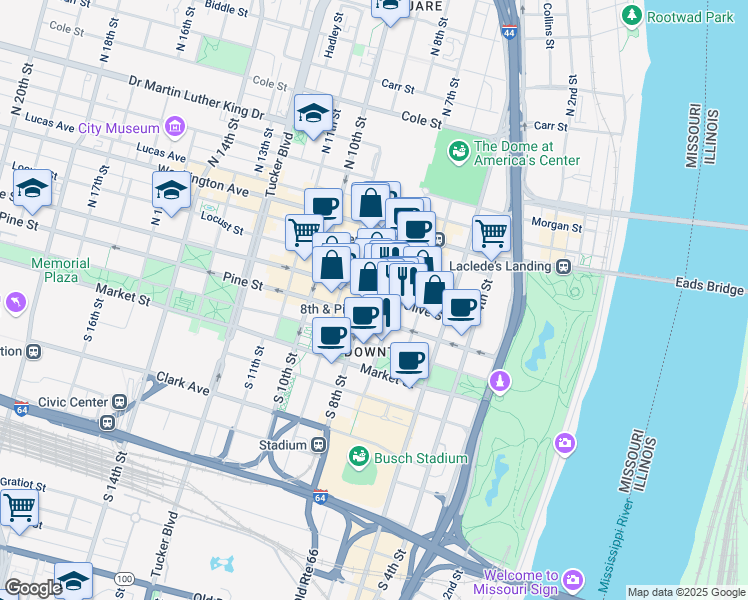 map of restaurants, bars, coffee shops, grocery stores, and more near 801 Pine Street in St. Louis