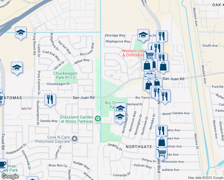 map of restaurants, bars, coffee shops, grocery stores, and more near 924 San Juan Rd in Sacramento