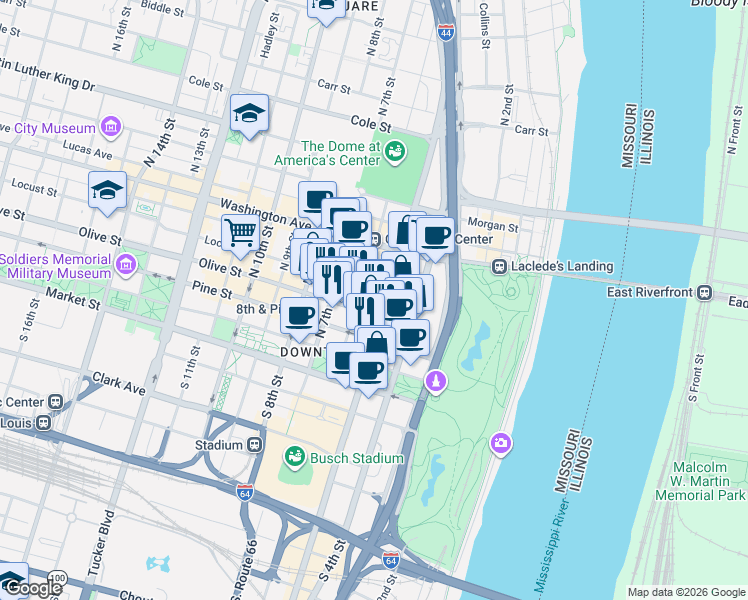 map of restaurants, bars, coffee shops, grocery stores, and more near 301 North Broadway in St. Louis