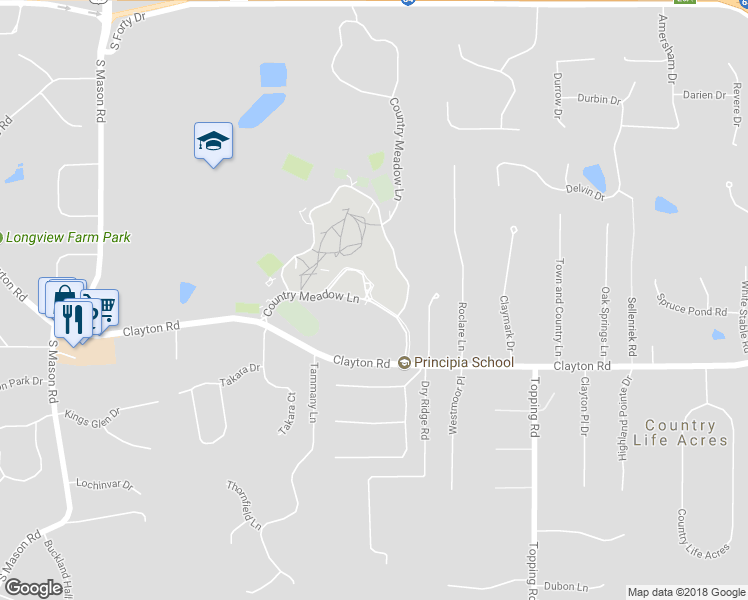 map of restaurants, bars, coffee shops, grocery stores, and more near 13201 Clayton Road in Saint Louis