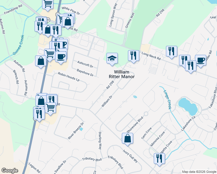 map of restaurants, bars, coffee shops, grocery stores, and more near School Ln in Millsboro