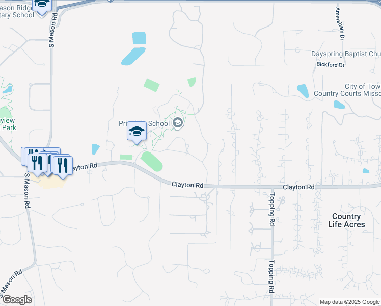 map of restaurants, bars, coffee shops, grocery stores, and more near 13201 Clayton Road in Saint Louis