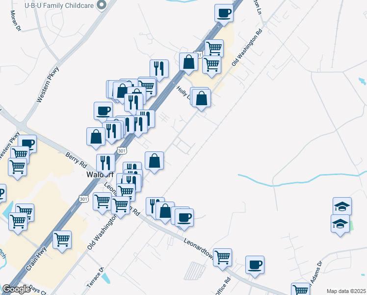 map of restaurants, bars, coffee shops, grocery stores, and more near 11771 Oak Manor Drive in Waldorf