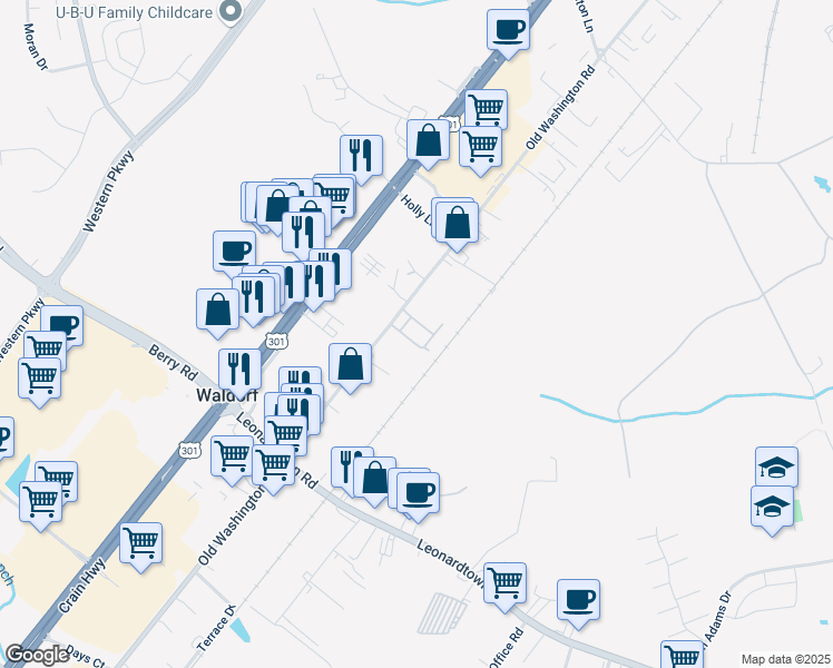 map of restaurants, bars, coffee shops, grocery stores, and more near 11851 Oak Manor Drive in Waldorf