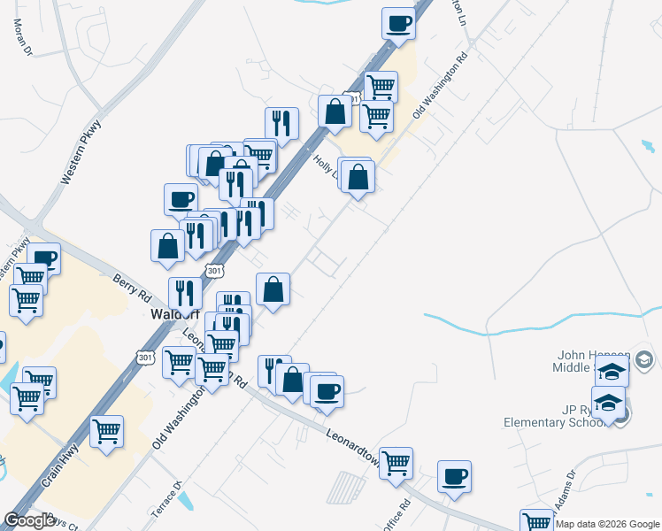 map of restaurants, bars, coffee shops, grocery stores, and more near 11771 Oak Manor Drive in Waldorf