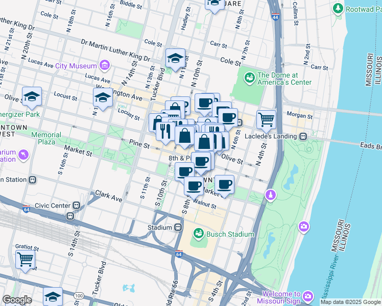 map of restaurants, bars, coffee shops, grocery stores, and more near 208 North 9th Street in St. Louis