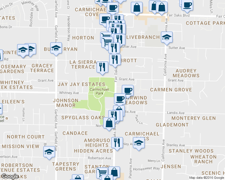 map of restaurants, bars, coffee shops, grocery stores, and more near 6945 Fair Oaks Boulevard in Carmichael