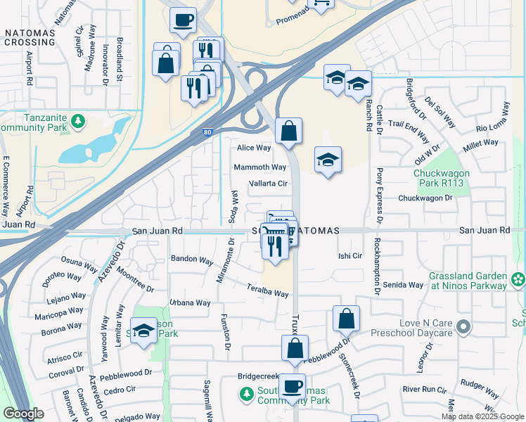 map of restaurants, bars, coffee shops, grocery stores, and more near 111 Balcaro Way in Sacramento