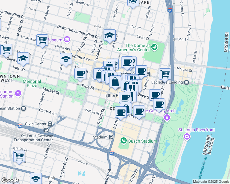 map of restaurants, bars, coffee shops, grocery stores, and more near 202 North 9th Street in St. Louis