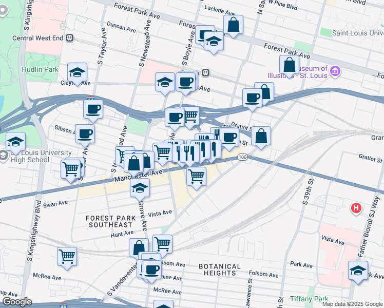 map of restaurants, bars, coffee shops, grocery stores, and more near 4145 Manchester Avenue in St. Louis