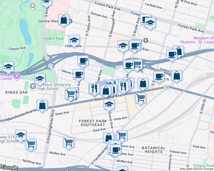 map of restaurants, bars, coffee shops, grocery stores, and more near 4251 Arco Avenue in St. Louis