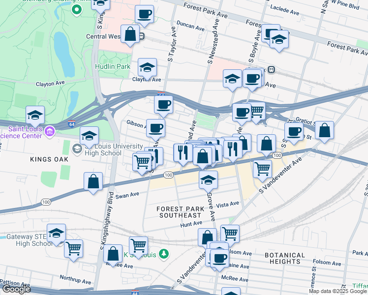 map of restaurants, bars, coffee shops, grocery stores, and more near 4335 Arco Avenue in St. Louis
