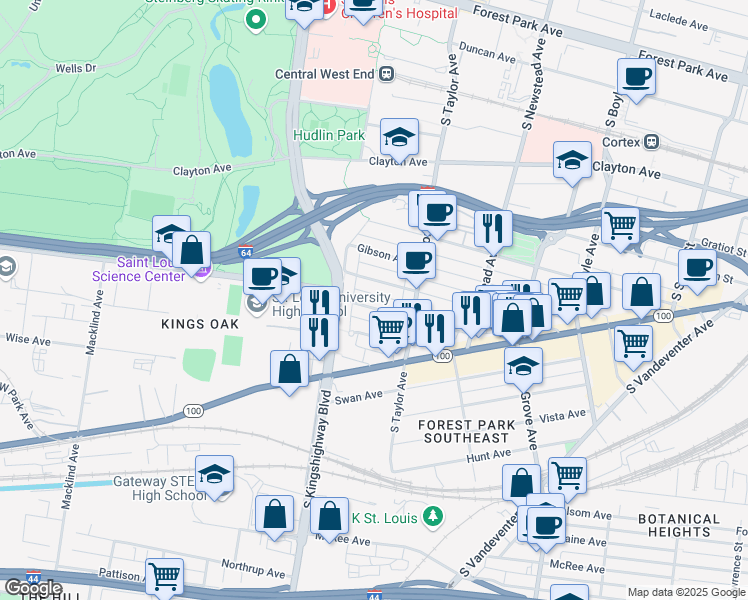 map of restaurants, bars, coffee shops, grocery stores, and more near 4530a Oakland Avenue in St. Louis