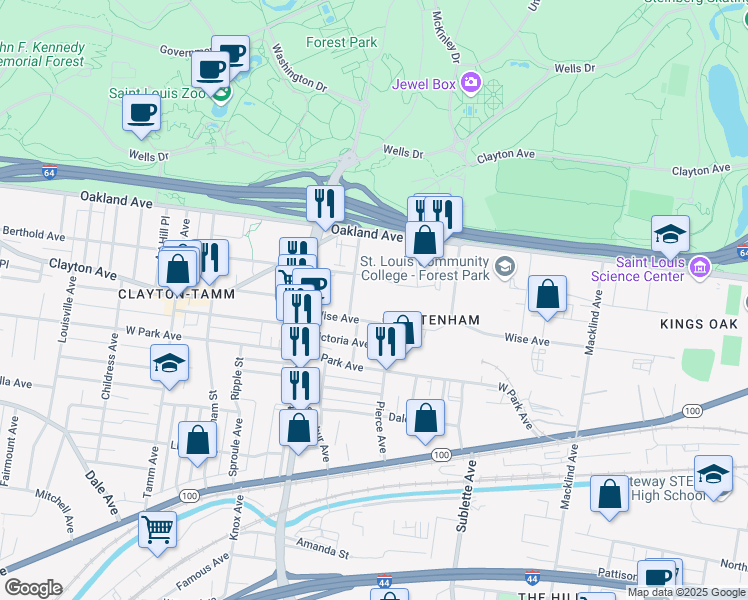 map of restaurants, bars, coffee shops, grocery stores, and more near 5832 Wise Avenue in St. Louis