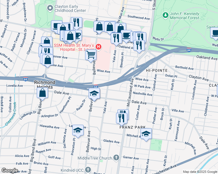 map of restaurants, bars, coffee shops, grocery stores, and more near 1200 Yale Avenue in Richmond Heights