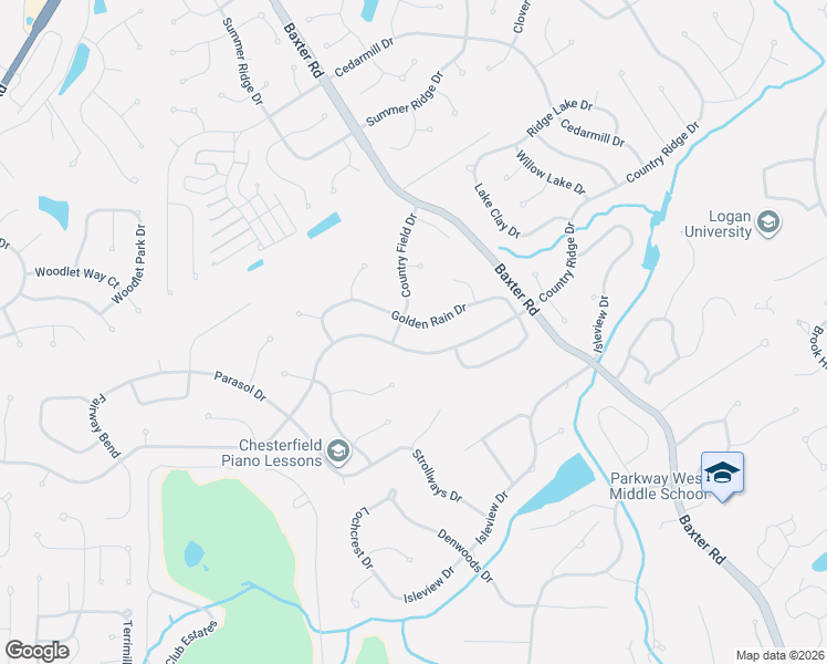 map of restaurants, bars, coffee shops, grocery stores, and more near 15315 Country Ridge Drive in Chesterfield