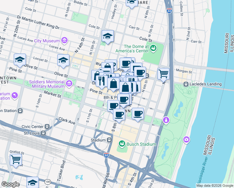 map of restaurants, bars, coffee shops, grocery stores, and more near 208 North 9th Street in St. Louis