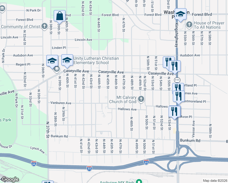 map of restaurants, bars, coffee shops, grocery stores, and more near 1441 North 46th Street in East St. Louis