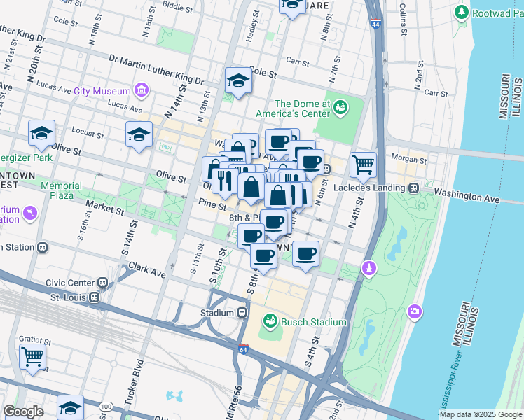 map of restaurants, bars, coffee shops, grocery stores, and more near 202 North 9th Street in St. Louis
