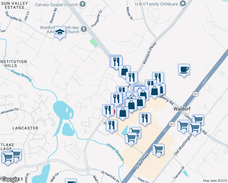 map of restaurants, bars, coffee shops, grocery stores, and more near 11314 Golden Eagle Place in Waldorf