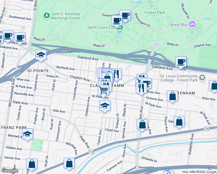 map of restaurants, bars, coffee shops, grocery stores, and more near in St. Louis