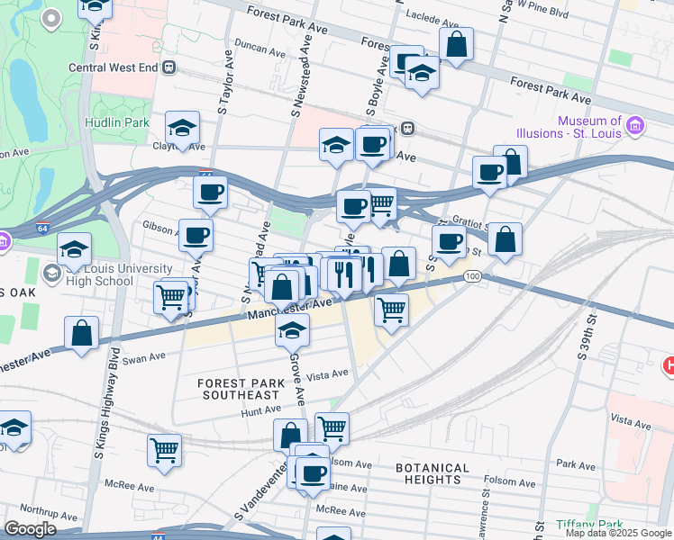 map of restaurants, bars, coffee shops, grocery stores, and more near 4314 Gibson Avenue in St. Louis