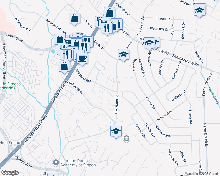 map of restaurants, bars, coffee shops, grocery stores, and more near 14006 Altus Court in Woodbridge