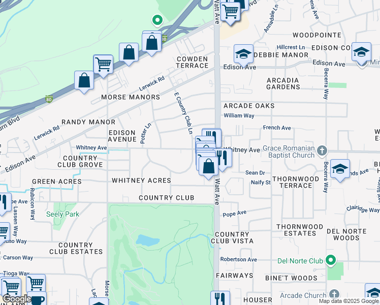 map of restaurants, bars, coffee shops, grocery stores, and more near 3430 East Country Club Lane in Sacramento