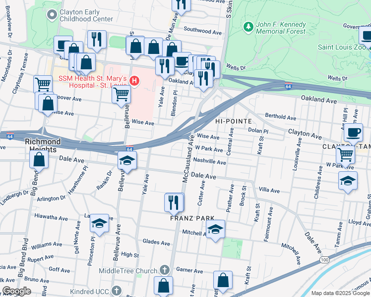 map of restaurants, bars, coffee shops, grocery stores, and more near 7015 Nashville Avenue in St. Louis