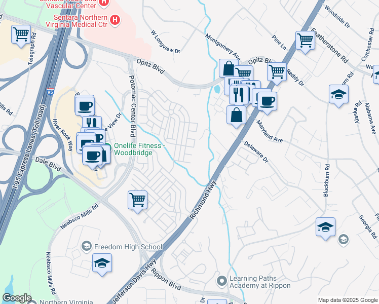 map of restaurants, bars, coffee shops, grocery stores, and more near 14667 Crossfield Way in Woodbridge