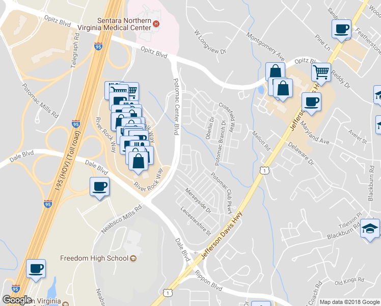 map of restaurants, bars, coffee shops, grocery stores, and more near 2603 Eastbourne Drive in Woodbridge