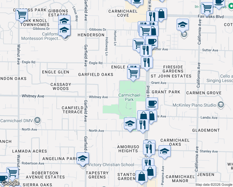 map of restaurants, bars, coffee shops, grocery stores, and more near 5640 Whitney Avenue in Carmichael