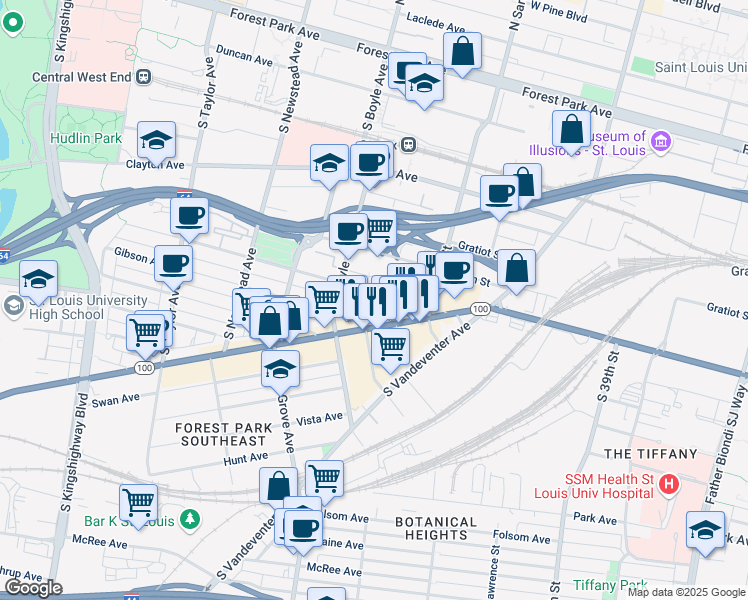 map of restaurants, bars, coffee shops, grocery stores, and more near 4208 Chouteau Avenue in St. Louis