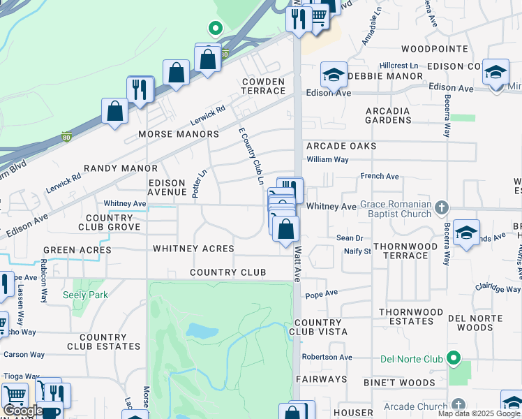 map of restaurants, bars, coffee shops, grocery stores, and more near 3430 East Country Club Lane in Sacramento