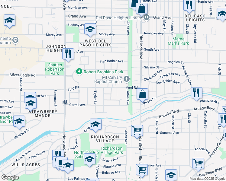 map of restaurants, bars, coffee shops, grocery stores, and more near 672 Dora Huntzing Avenue in Sacramento