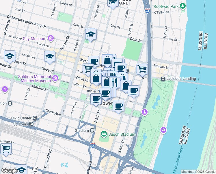 map of restaurants, bars, coffee shops, grocery stores, and more near in St. Louis